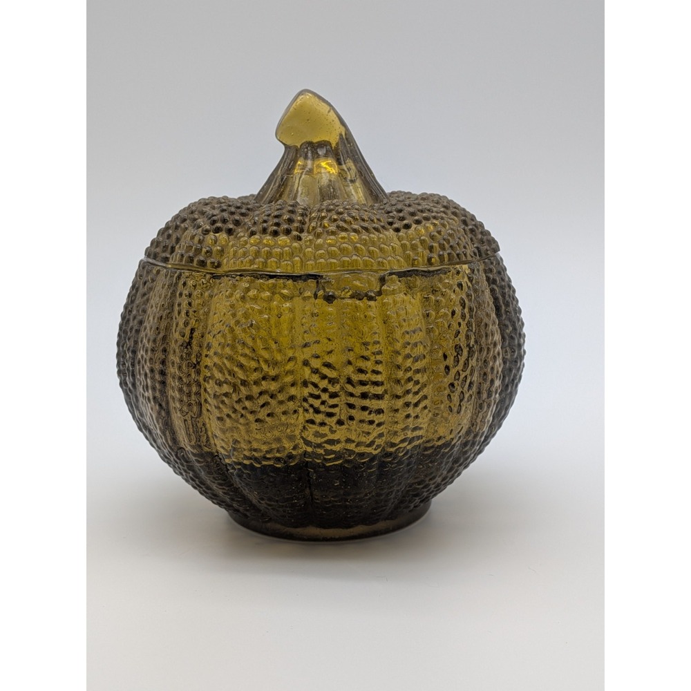 Vintage Amber Glass Pumpkin Candy Dish With Lid Textured Fall Harvest Decor